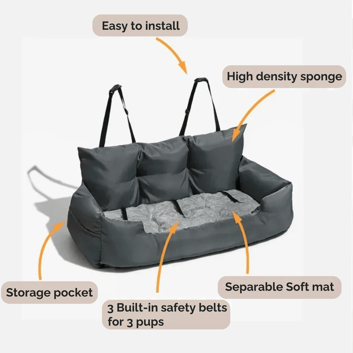 Adjustable dog car seat with safety straps – view 3